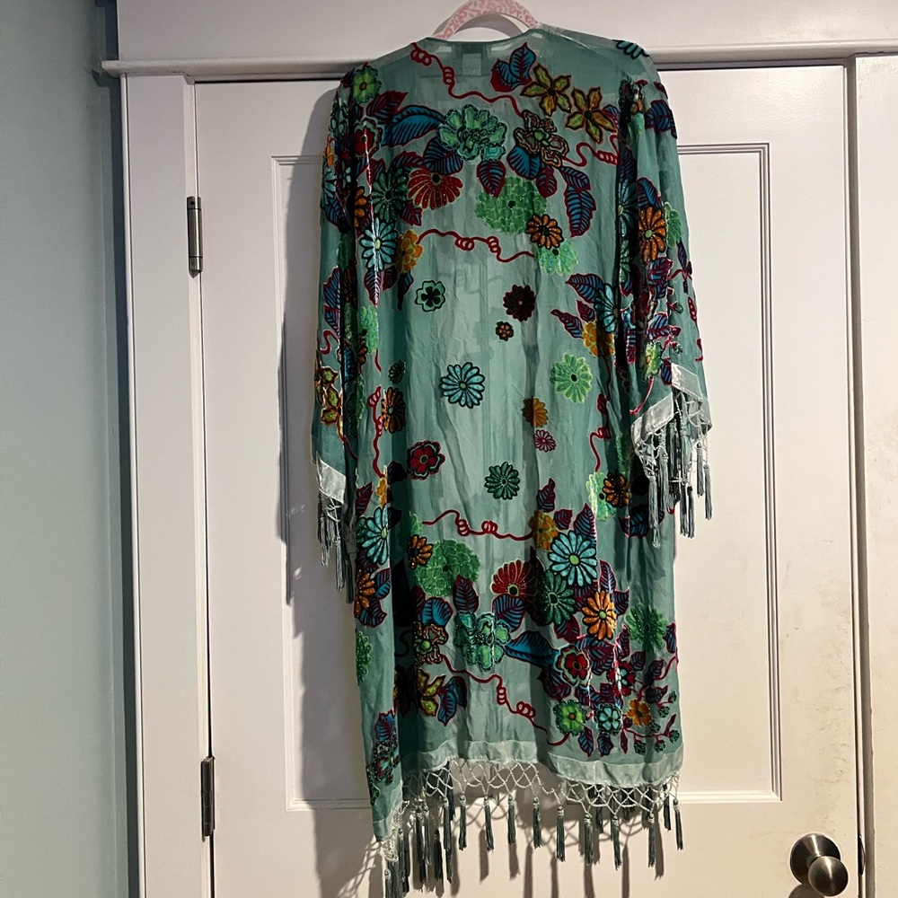 Free People Sweet Leaf Burnout Floral Embroidered Kimono with Fringe. OS NWT - Picture 8 of 9